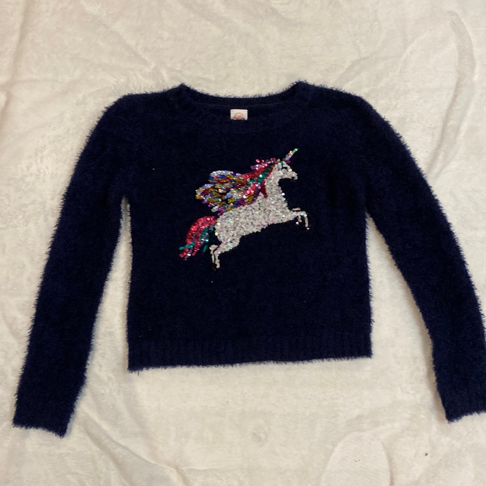 Navy blue sweater with sequined unicorn. Girls size Large 10/12.